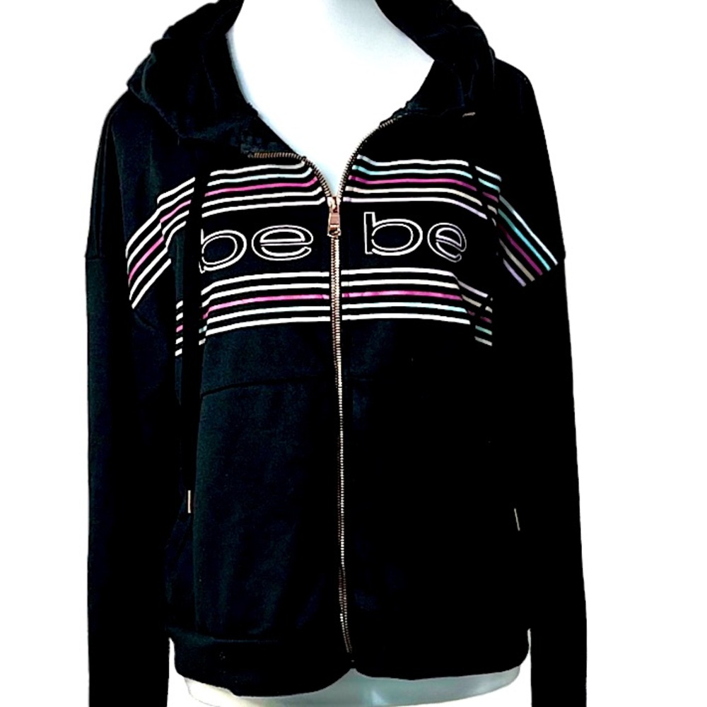 bebe Sport Black Multi Stripe Stripe Logo Full Zip Hoodie Jacket Size L